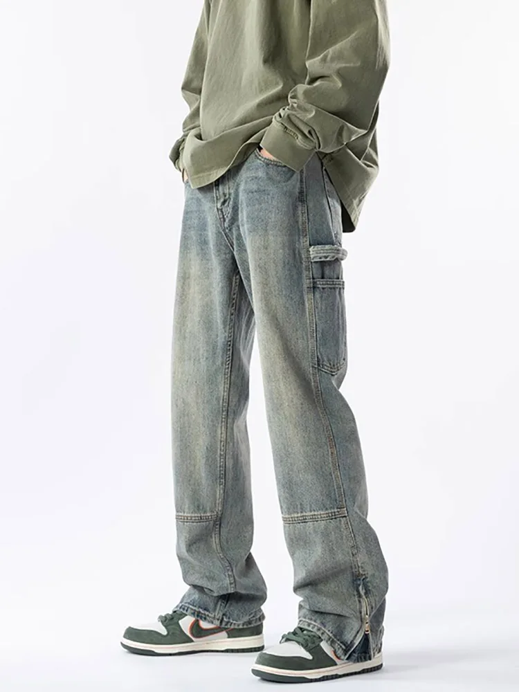 

Loose Straight Leg Men's Jeans Zipper Casual Workwear American Retro High Street Style Spring Autumn Cotton Polyester Blend