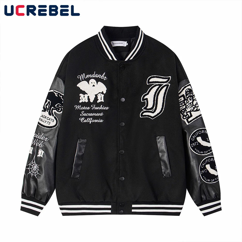 Ghost Embroidery Baseball Quilted Jacket Mens Spliced High Street Autumn Winter Stand Collar Long Sleeve Thick Letterman Jacket