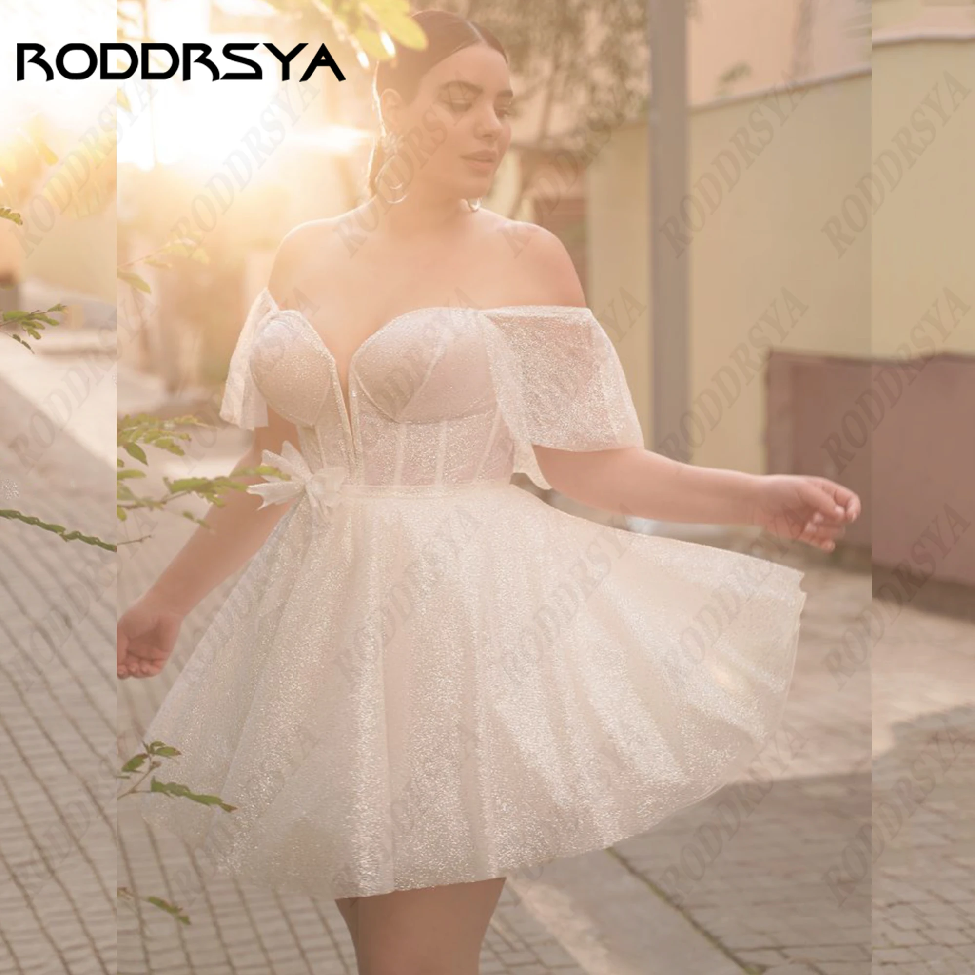 RODDRSYA Taille grande robe de mariée scintillante 2024 Mini-A-ligne de filet scintillant robe de fête de mariée chérie épaules robes de mariée vestido de novia boda civil Grande taille brillant robe de mariée