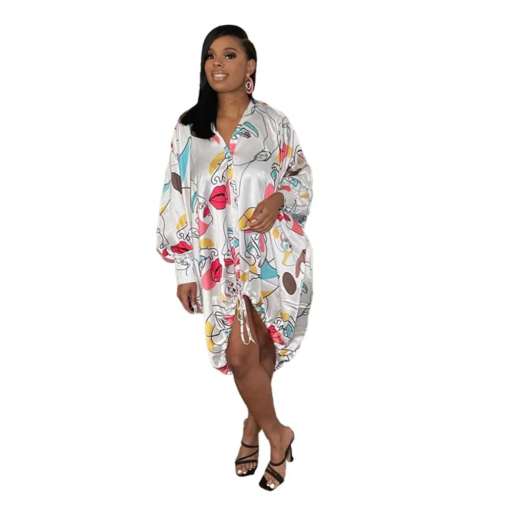 Vestido largo para mujer Mm2122 Suministro europeo y americano Material satinado Estilo camisero con mangas largas