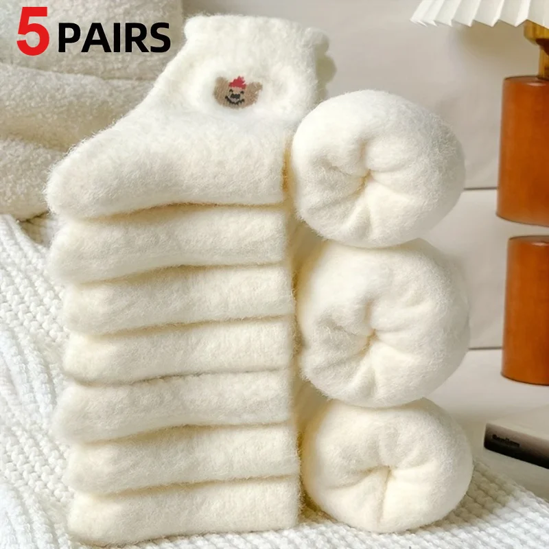 5 Pairs of Women's Mid-calf Socks, Autumn/winter Style, Thickened and Warm, Featuring  Animal Prints
