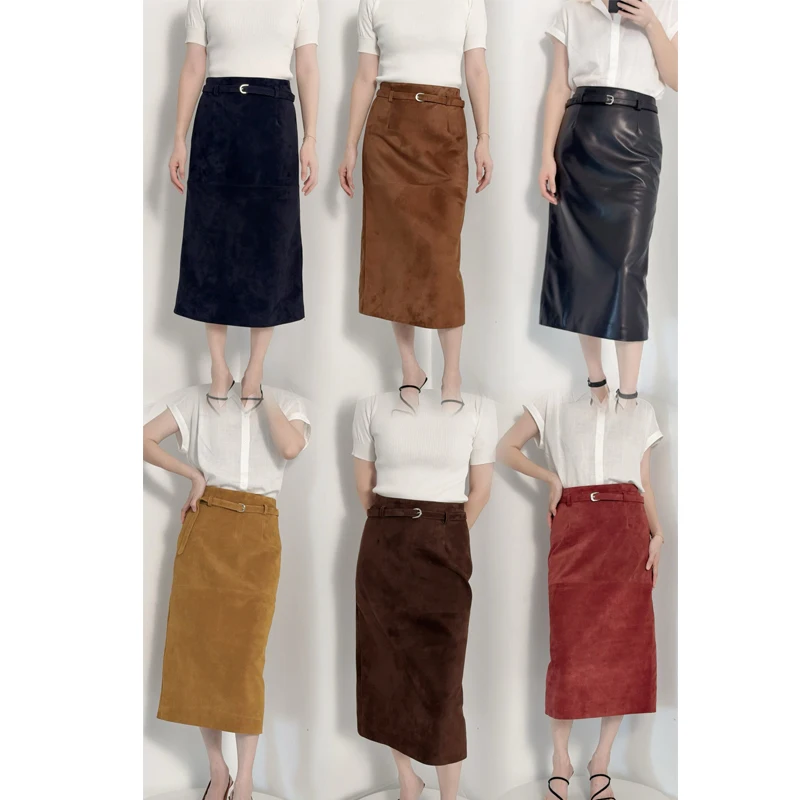 Imported Suede Women's Genuine Leather Long Skirts Fashion High Luxury Ladies Retro Elegant Belt A-level Sheepskin Bodycon Skits