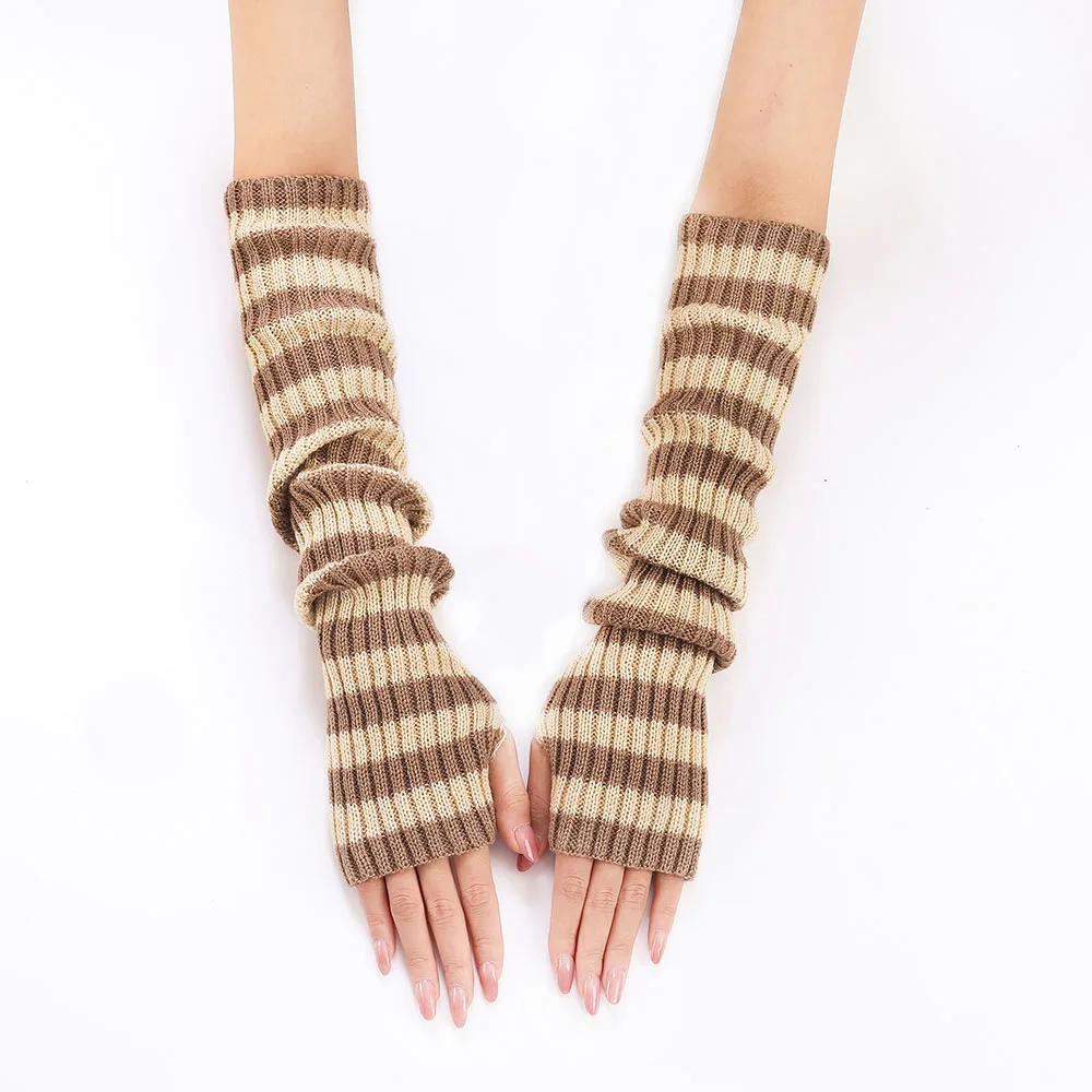 Women Stried Long Arm Fingerless Gloves Autumn Winter Warm Longer Knitted Fake Sleeves Casual Soft Fashion Oversleeve Arm Warmer