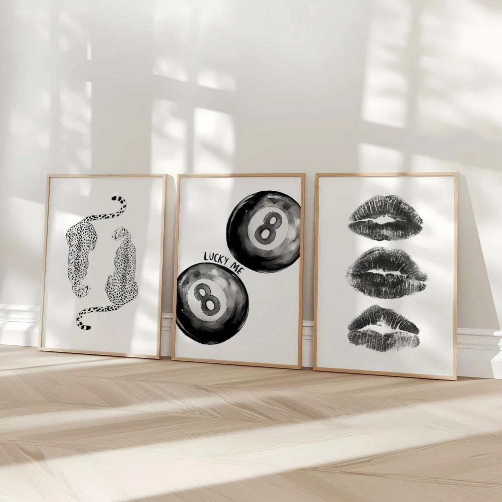 3pcs Frameless Retro 8-ball Posters,Multi-color Cheetah Printing,Fashion Kiss and Lip Digital Printing,Dormitory Decor Printable