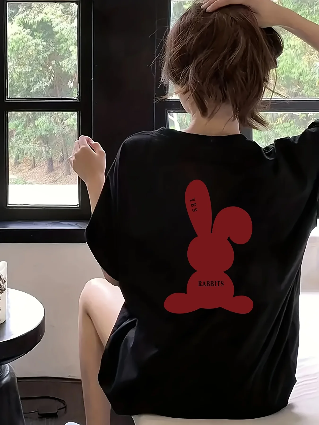 Red Rabbit Print Round Neck T-shirt Round Neck Casual Spring and Summer Women's Personalized Outdoor Top