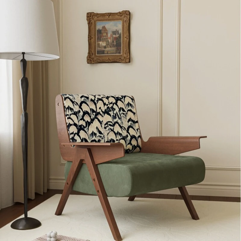 

Light French retro single sofa chair, living room balcony, high-end medieval style designer ash wood casual armchair