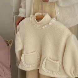 Kids Girls Cute Fleece Hoodies Ruched Lace O-Neck Long Sleeve Loose Pullover Sweatershirt 1-6Y Children Versatile Tops Shirt