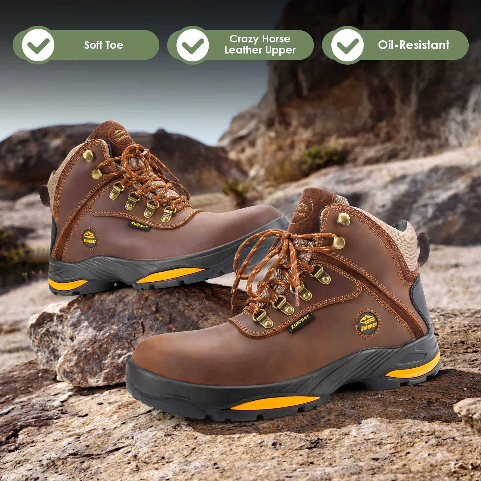 Zoleker Hike Boots for Men,Soft Toe, Slip Resistant Safety Shoes, Waterproof Anti-Fatigue