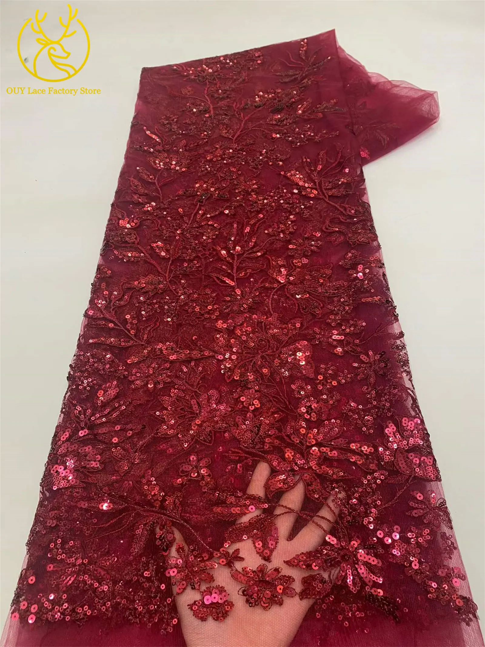 Goldener Luxus-Tüllstoff mit französischer Stickerei und Pailletten, afrikanischer Pailletten-Mesh-Tüllstoff zum Nähen von Hochzeits- und Abendkleidern – Detail 18