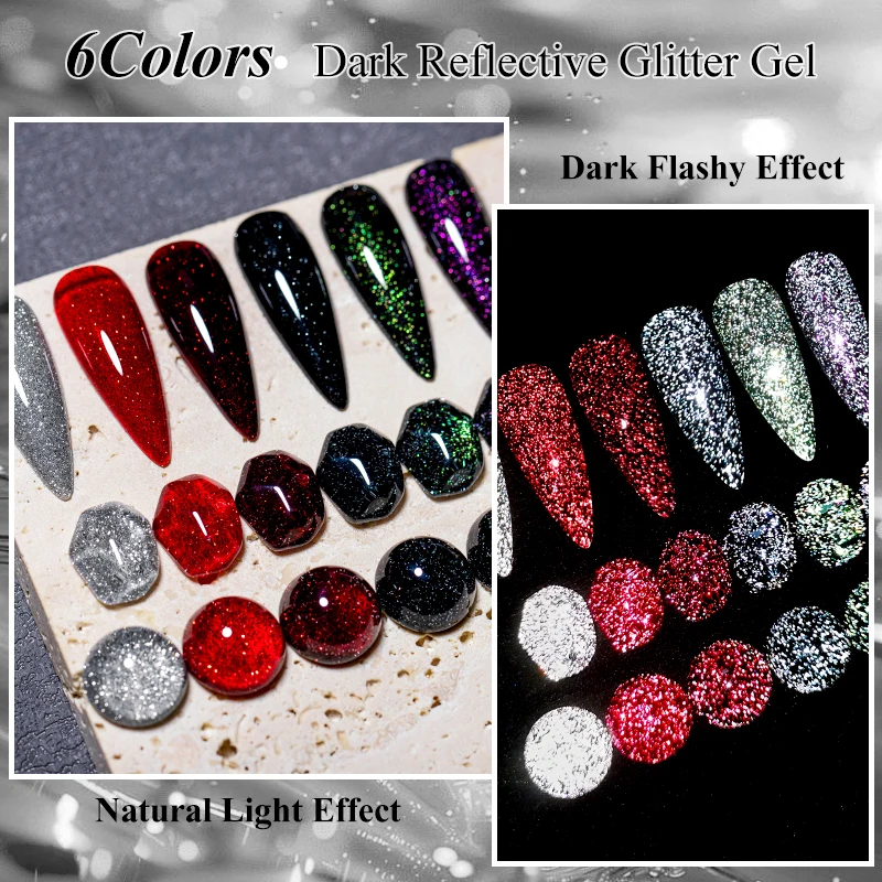 MEET ACROSS 6Pcs/Set Sparkling Glitter Nail Gel Polish Red Silver Soak Off UV/LED Reflective Nail Art Gel for Manicure DIY Nails