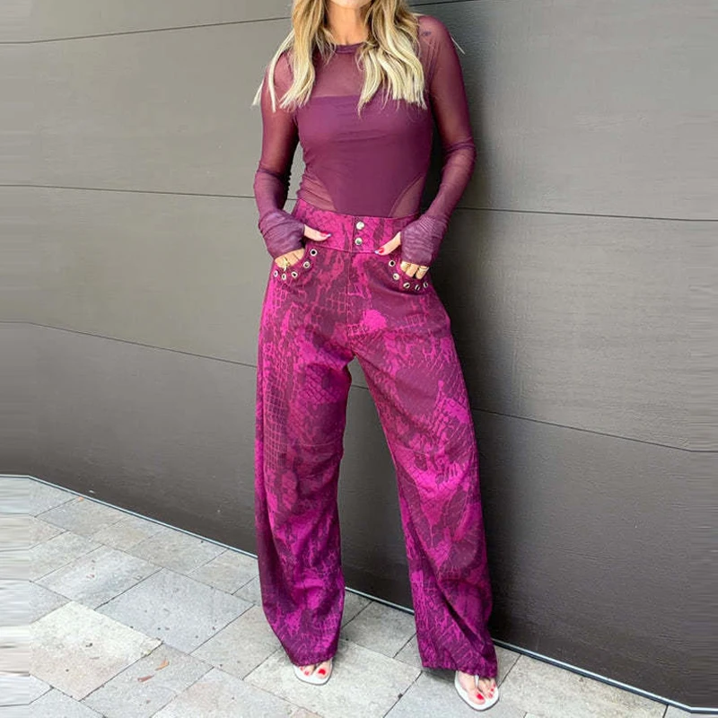 Autumn New Soft Outdoor Sets Fashion Solid Mesh Long Sleeve Tops And Print Pants Sets Elegant Lady Casual Commute Two Piece Sets
