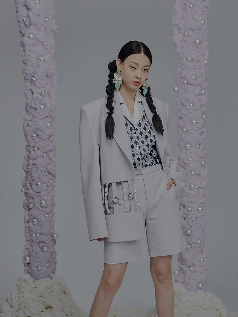 

MildRate Original Design Hollow Pearl Chain Light Purple Tailored Suit Jaet Women's Premium Faion Polyester Long Sve