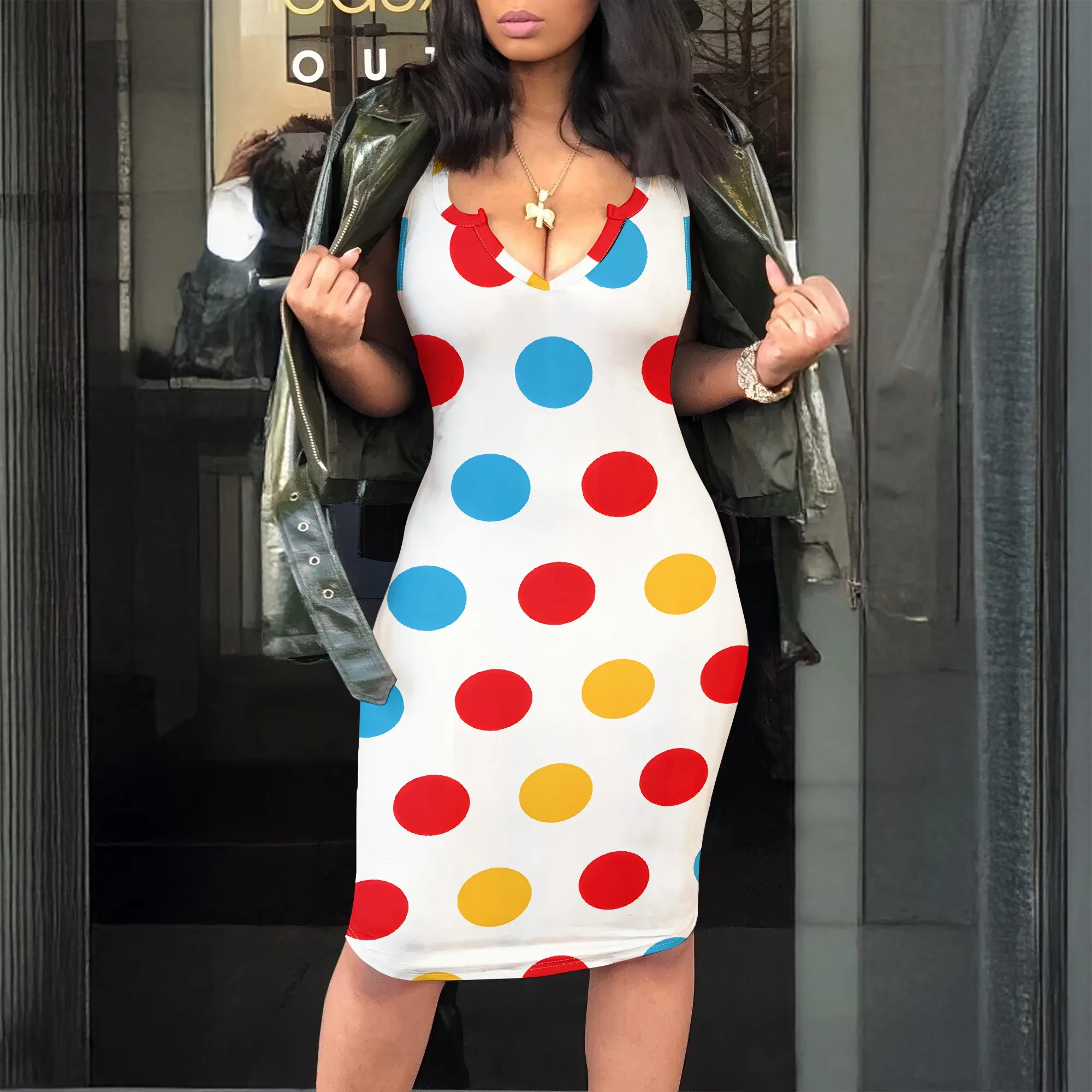 

Polka Dot Print, Sleeveless V-Neck Bodycon Dress, Casual Summer Midi Tank Dress for Women, S-2XL