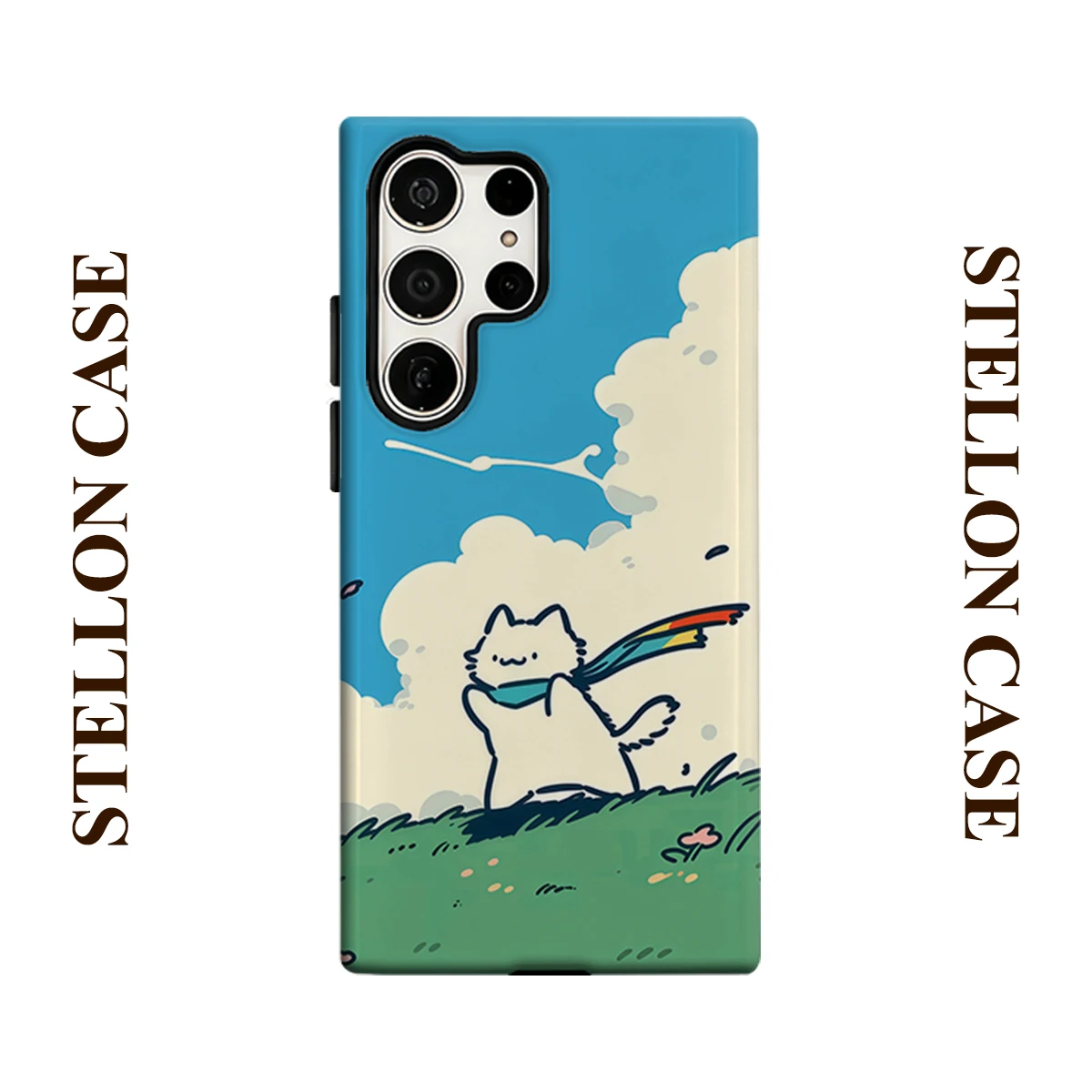 Grass Rainbow Scarf Cat Phone Case for Samsung Galaxy S26 S25 Ultra S24 S23 Ultra Plus Glossy Double-layer Back Cover