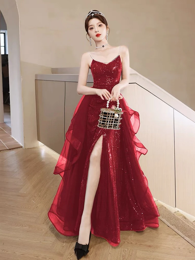 Sexy Red Mermaid Cocktail Dresses Sequins Spaghetti Strap Side Split Sleeveless Tiered Shiny Celebrity Prom Party Gowns New