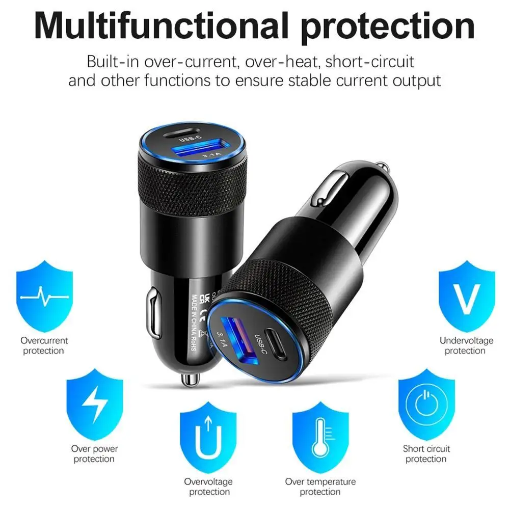 15W USB+PD Car Charger 3.1A Aluminum Alloy Type C Fast Charging USB Type Phone Charger Adapter Car Accessories