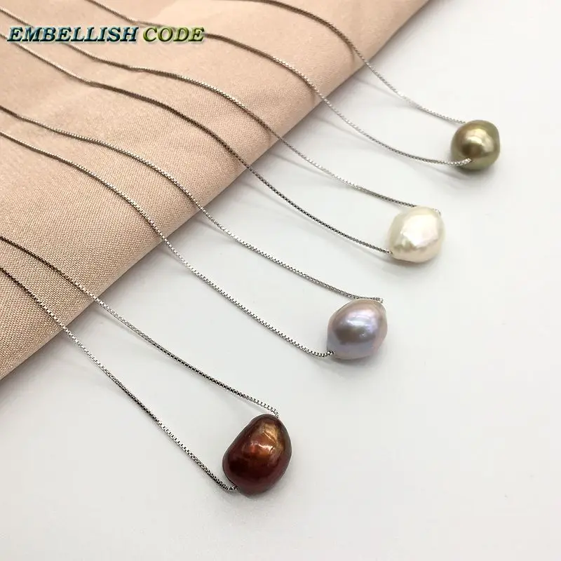 Hot Simple Small Baroque Pearl Pendant Necklace White Peach Deep Blue Metallic Color Box Chain 925 Silver 16\'\' 18\'\' For Girl