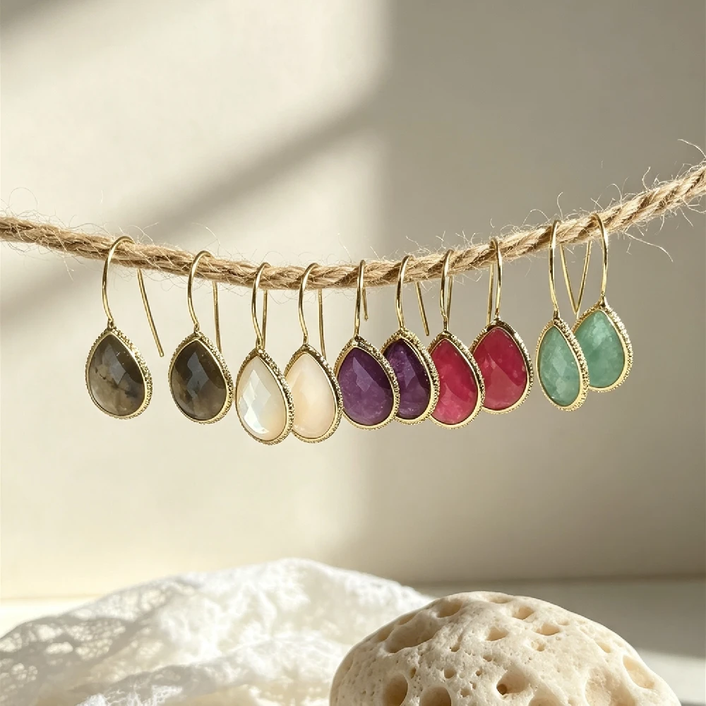 Faceted Teardrop Natural Mineral Drop Ear Charms Beaded Rim Bezel Long Hook DIY Earring Fitting Golden Plated E2R1064