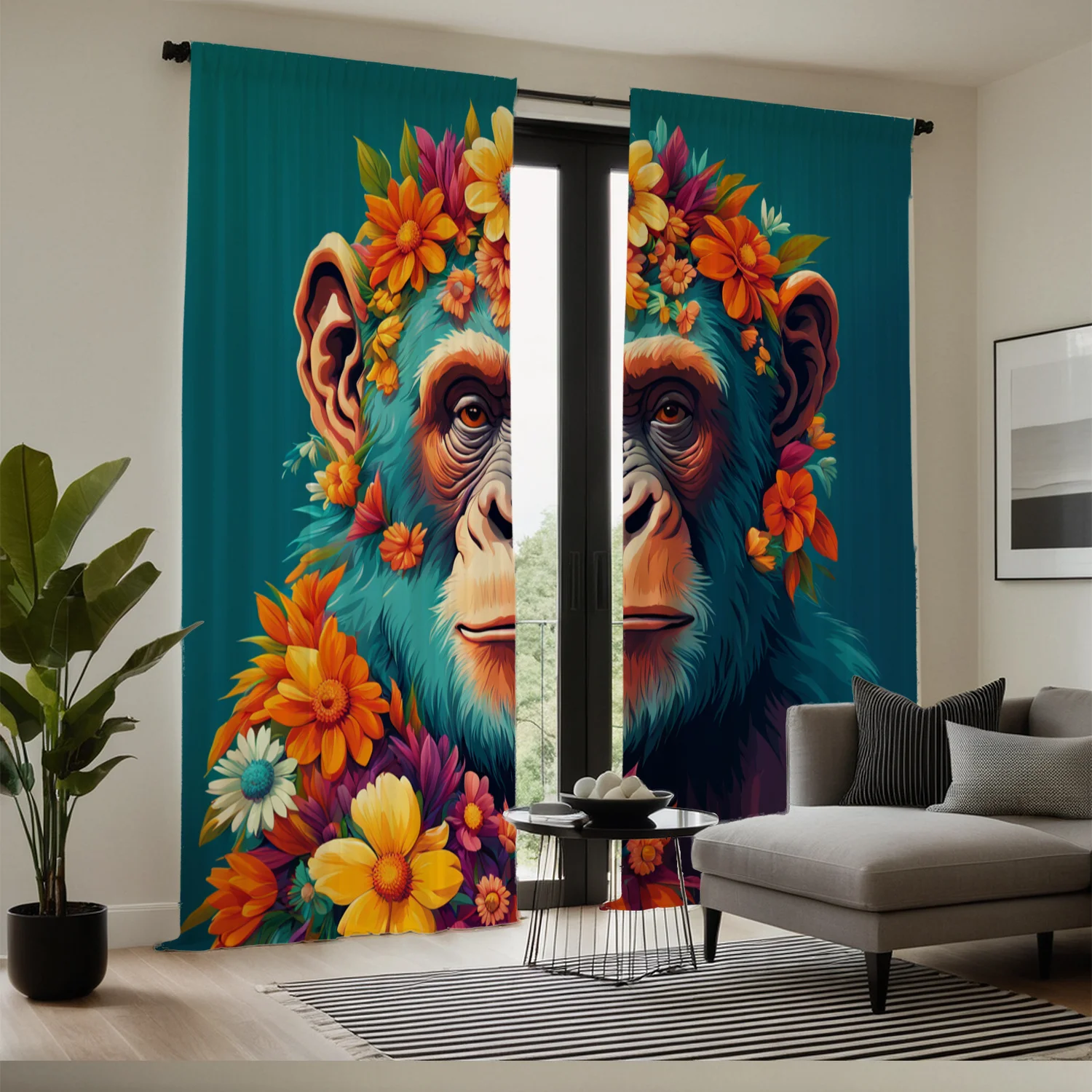 2pcs Vibrant Monkey Garland Print Curtains - Blue Polyester, Semi-Transparent, Machine Washable, Rod Pocket Design for Living Ro