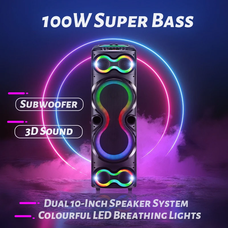 Outdoor 100W High Volume Karaoke Speaker Loud Super Bass Subwoofer RGB Light LED Party Speaker Power Audio Support BT/USB/AUX/TF