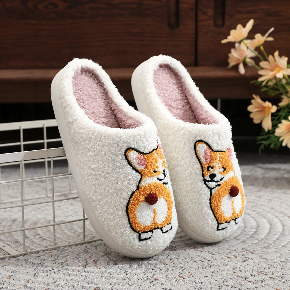 

Plush Dog Slippers Fuzzy Indoor Slippers Anti Slip Slip-on House Shoes Comfortable Funny Corgi Dog Slippers for Indoor Bedroom