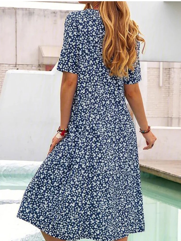 Robe de soirée décontractée à imprimé floral pour femmes, robe mi-longue à manches courtes, robe de plage Boho, mode d'été