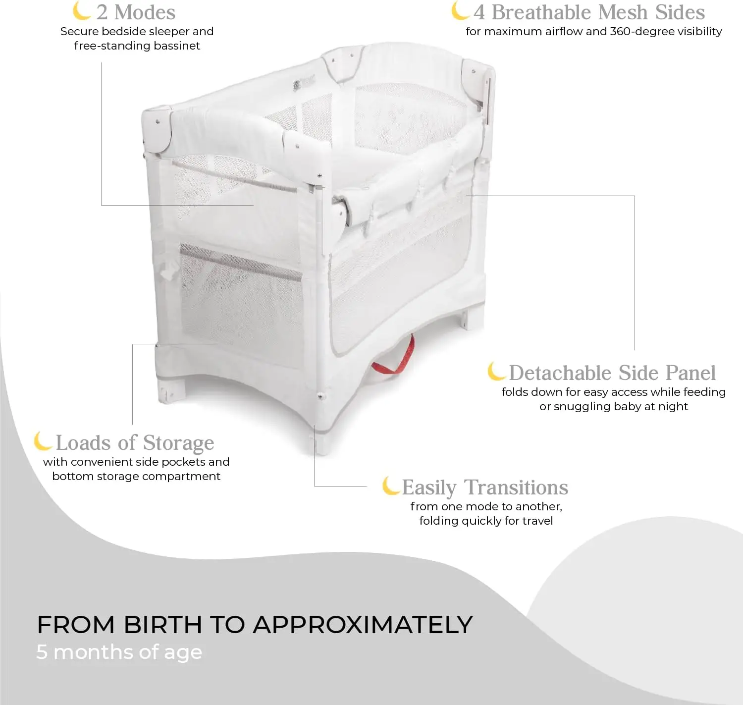 Arm’s Reach Mini Ezee 2 in 1 Co-Sleeper Bedside Bassinet Featuring Breathable Mesh Side Panels with 2 Wheels for Portability, Si