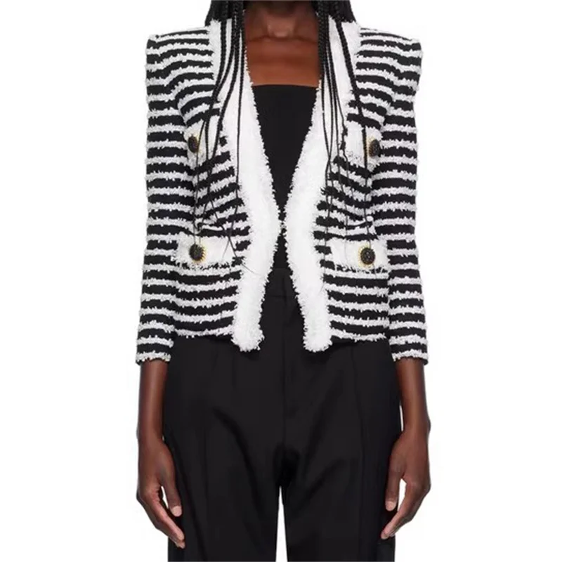 

Women's jacket 2024 Autumn New Fashion button decoration women's long sleeved top Black and white striped slim fit Women's coat