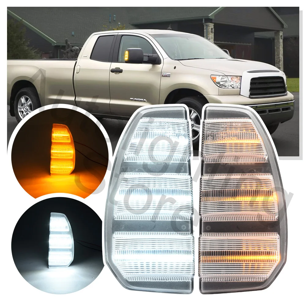 2PCS clear lens LED Towing Mirror Light for 2007-2021 Toyota Tundra Dynamic amber Turn Signal Lights white running light