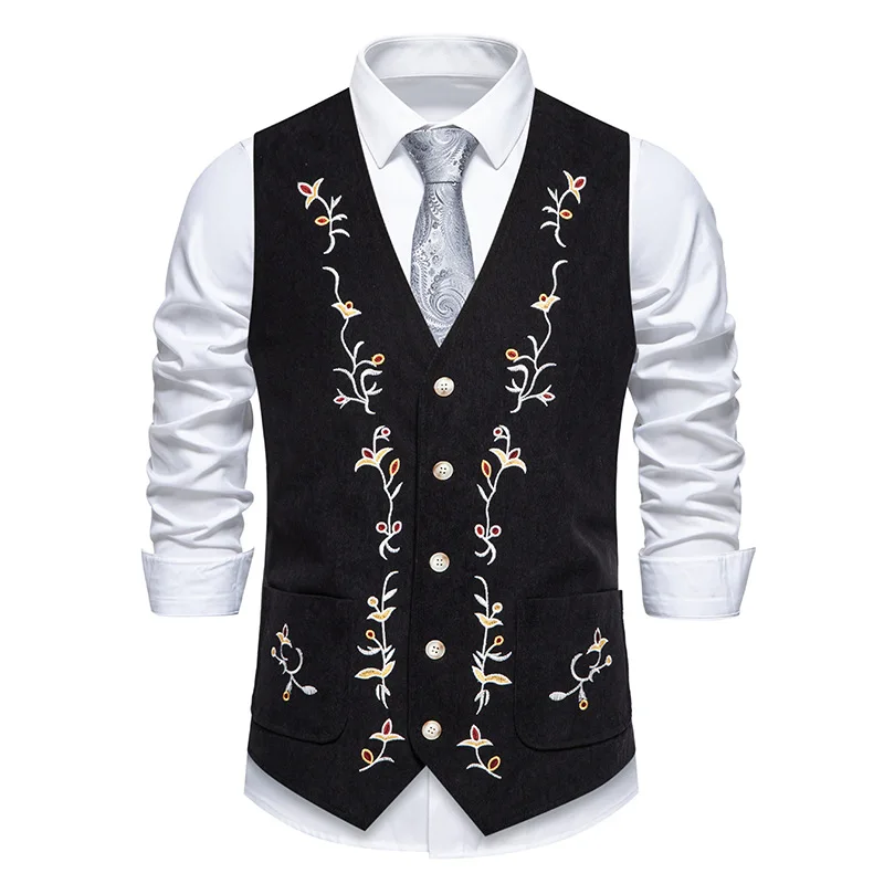KIDWHXR Suit Vest Man British Style Printed Single-breasted Male Waistcoat Slim V-neck Sleeveless Pocket Versatile Men Vest