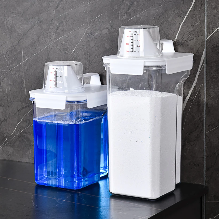 Large Capacity Laundry Soap Dispenser Seal Detergent Softener Powder Storage Bin with Measuring Cup and Spout Clear Storage Box