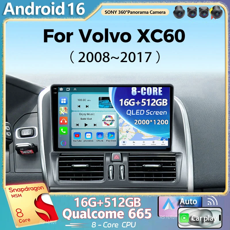 Radio Multimedia para Auto con Android 16 para Volvo XC60 2007 2010 2013 2014 2017, Reproductor de Video Estéreo QLED 2K, GPS, 4G, CarPlay