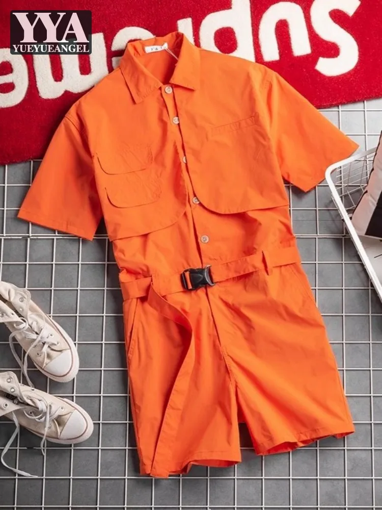 

Лето 2025 г., мужские комбинезоны-карго с короткими рукавами, однобортные шорты с воротником с лацканами, комбинезоны, короткий комбинезон в стиле хип-хоп High Street