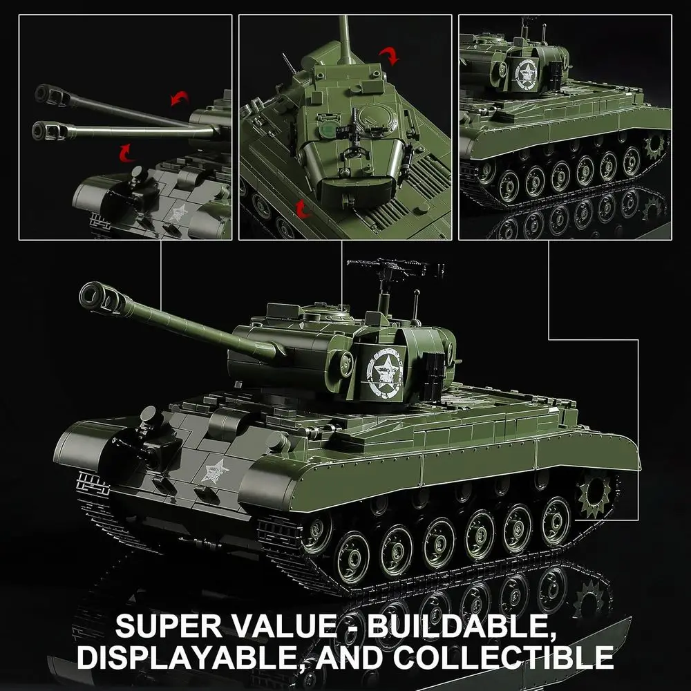 Ensemble de blocs de construction de char Pershing M26 de la Seconde Guerre mondiale pour adultes, 1703 pièces, compatible avec Lego, idéal à collectionner pour les amateurs militaires