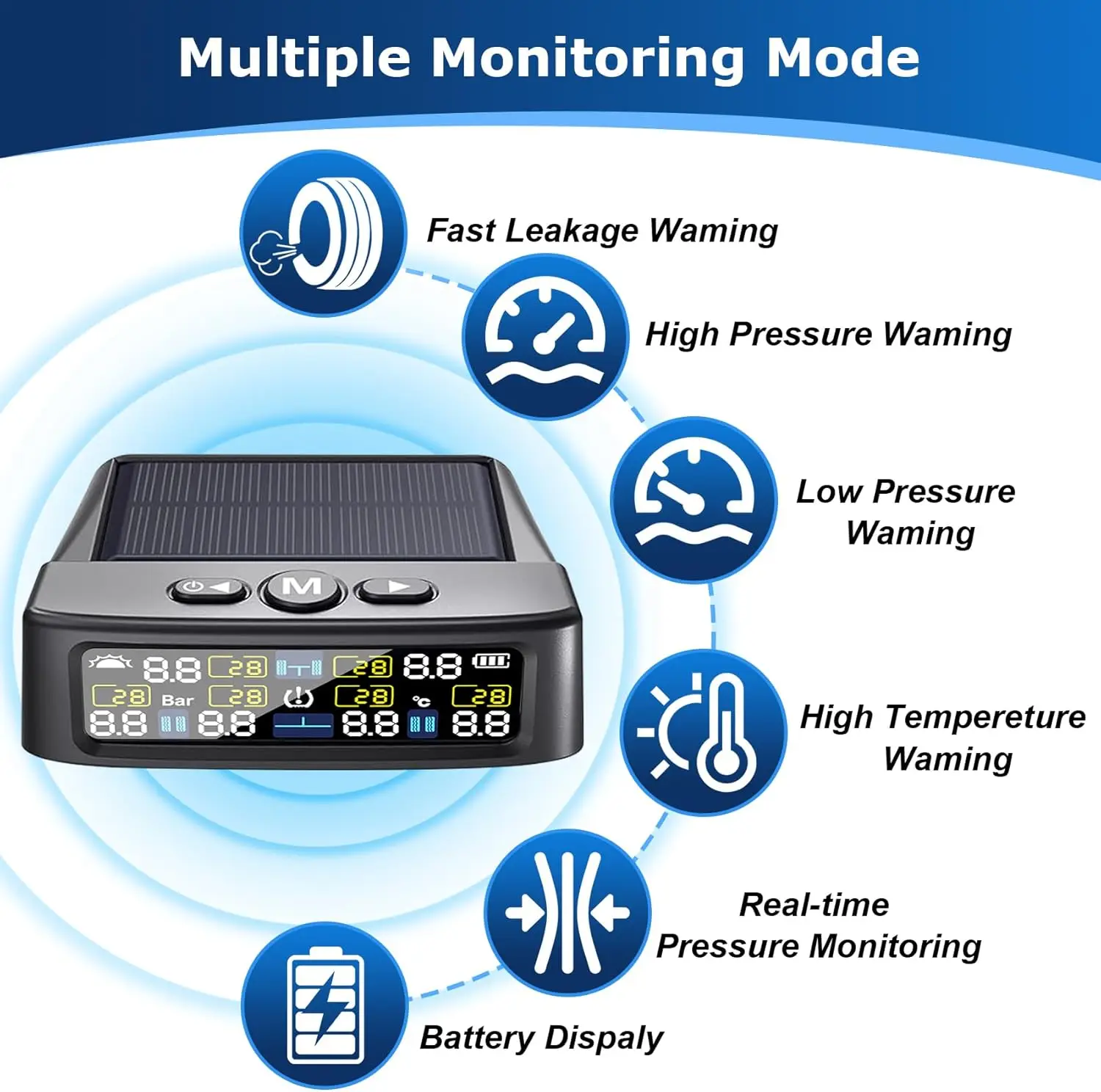 

RV Tire Pressure Monitoring System, Tire Pressure Monitor with Solar Charge, TPMS with 6 Sensors & 6 Alarm Modes