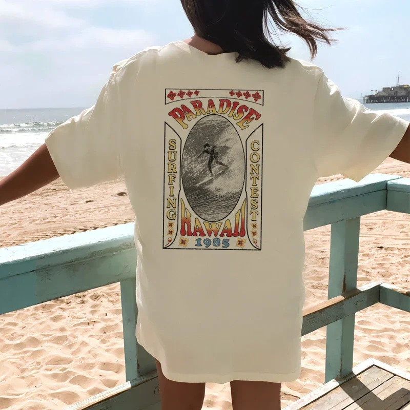 Hawaii Surf Back Print Oversized T-Shirts Women Vintage Aesthetic Beach T Shirts Summer Trendy Vsco Girl Vacation Tops Clothes