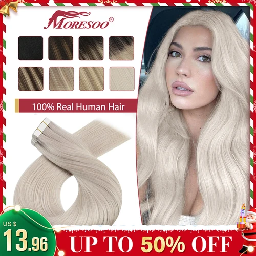 Moresoo-Cinta en la extensión de cabello para mujer, máquina de cabello humano Real Remy Balayage, Invisible, sin costuras, trama de recubrimiento de PU recta extensiones de cabello natural extensiones de cabello