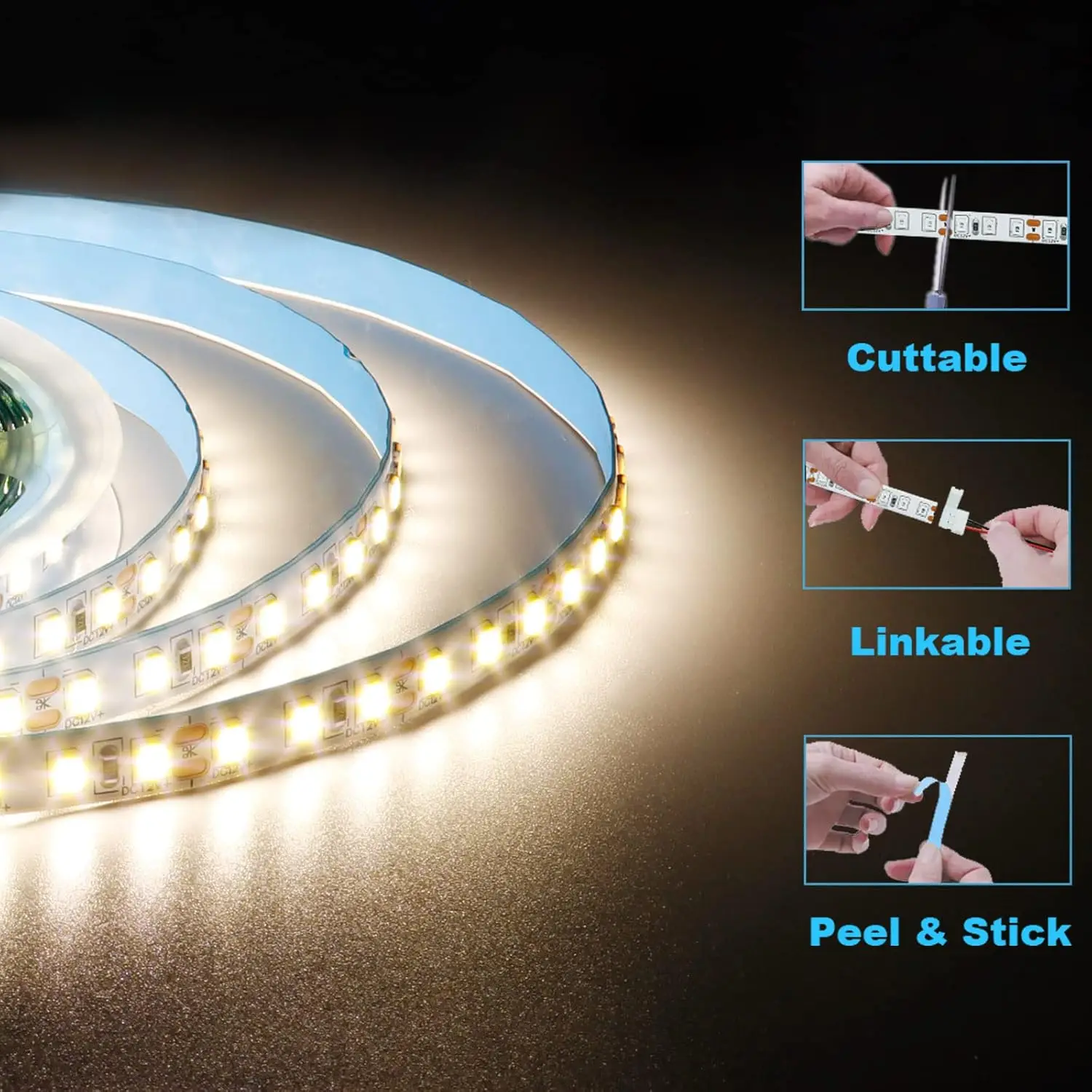 3개 16. 4피트/5미터 10미터/32. 8피트 LED 스트립 조명 12V 총 600개의 LED 중성광 4000K 유연한 고휘도 LED 스트립 실내 캐비닛 조명, 생일 및 크리스마스 파티 장식 조명, 캐비닛 아래 조명, 주방 캐비닛 조명, 쇼핑몰 조명, 호텔 장소 조명(전원 어댑터 없음)