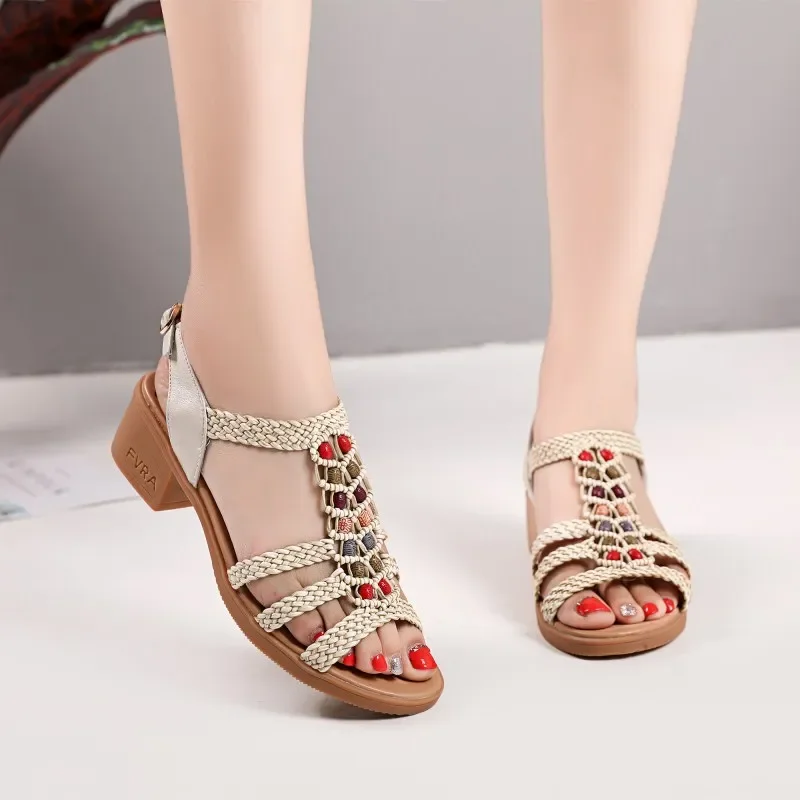 TIMETANGbohemian style summer women sandals fashion shoes woman cow leather sandals women shoes big size thick heel shoes sandal