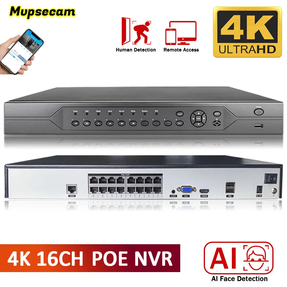 

4K 16CH POE Nvr 8Mp Cctv Security System Face Detection Smart Palyback H.265+ Network Surveillance Audio Video Recorder Xmeye