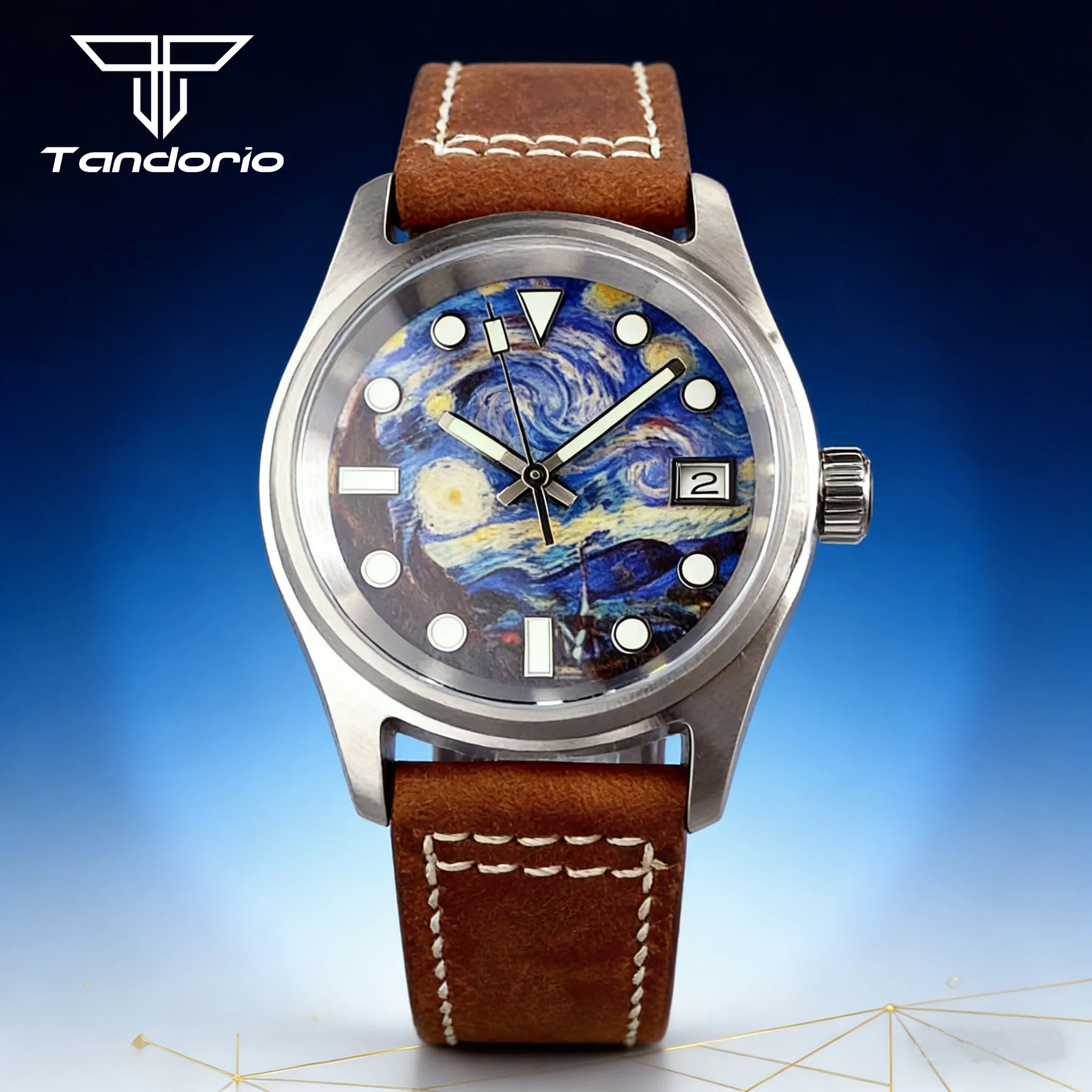 

Часы для дайвинга Tandorio, полностью светящийся циферблат со звездным небом, механические 36 мм, мужские наручные часы, механизм NH35A, маленькие часы-пилот, кожаный ремешок