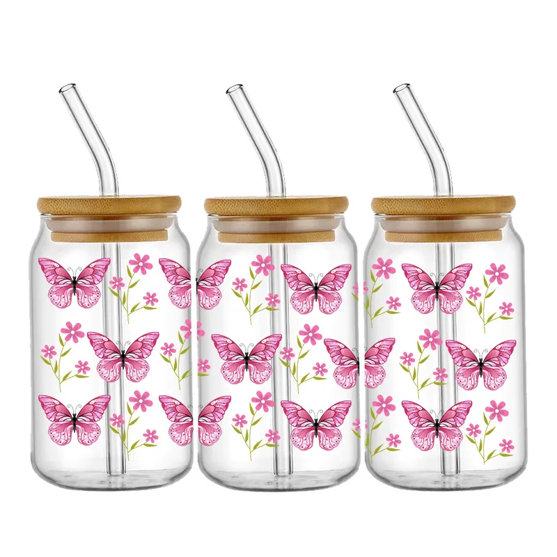 Colorful Butterfly Patterns Uv Dtf Cup Wrap Stickers Waterproof UV DTF Cup Wraps Sticker DIY 3D Wrap Decal For 16oz Libbey Glass