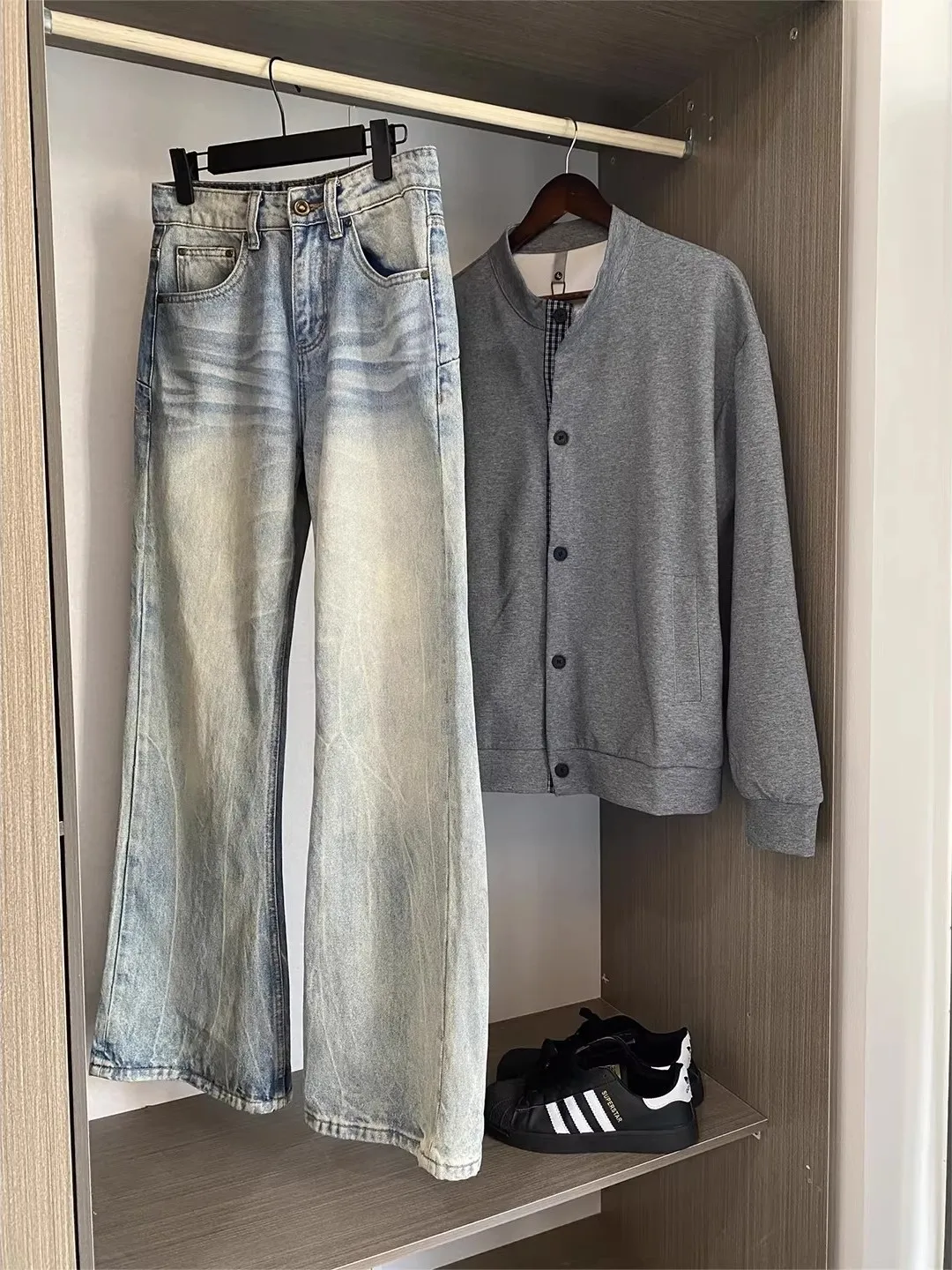 

Blue Cleanfit Lightning Pattern Straight Leg Jeans Vintage American High Street Sle Teenage Casual Denim Pants