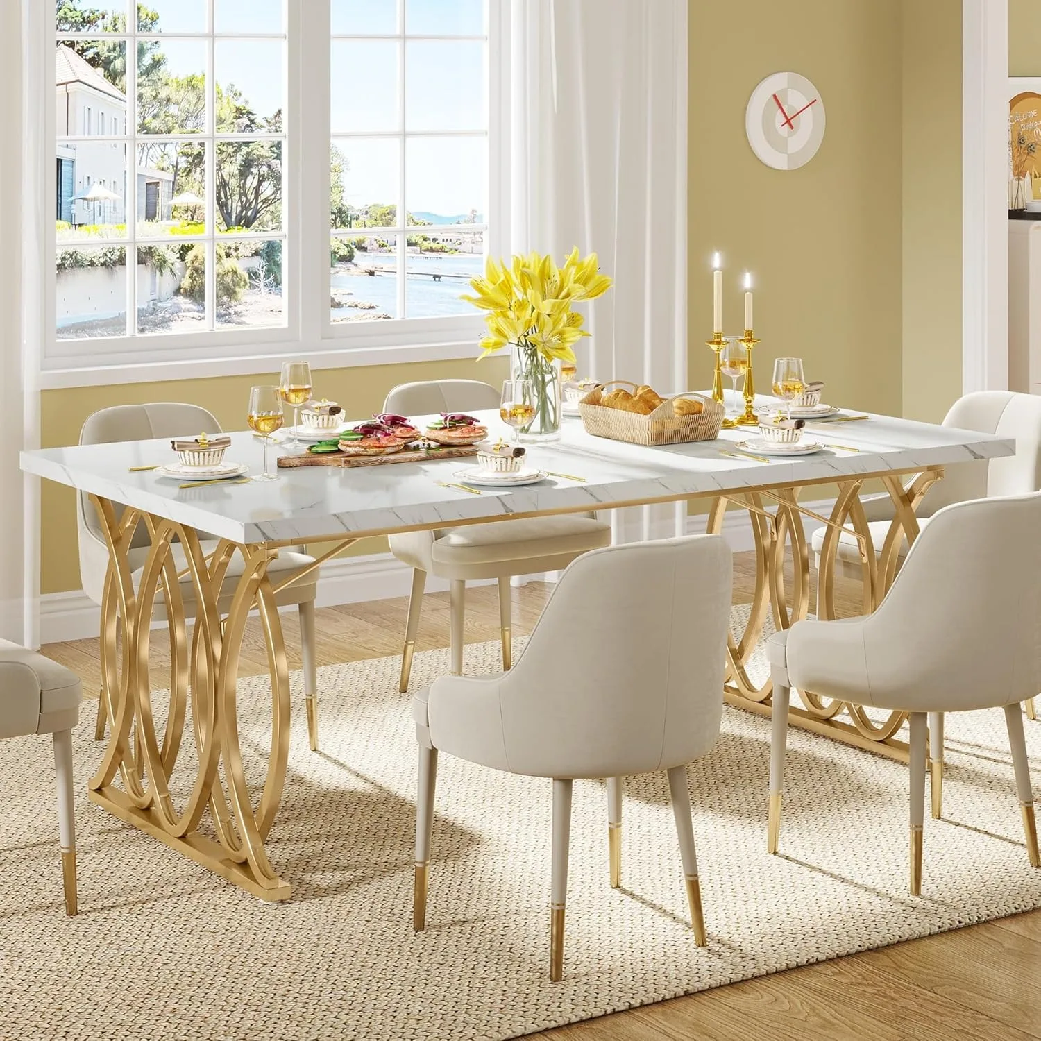Moderne eettafel, 63 inch grote keukentafel voor 4-6 personen, unieke rechthoekige eettafel keuken- en eetkamermeubilair
