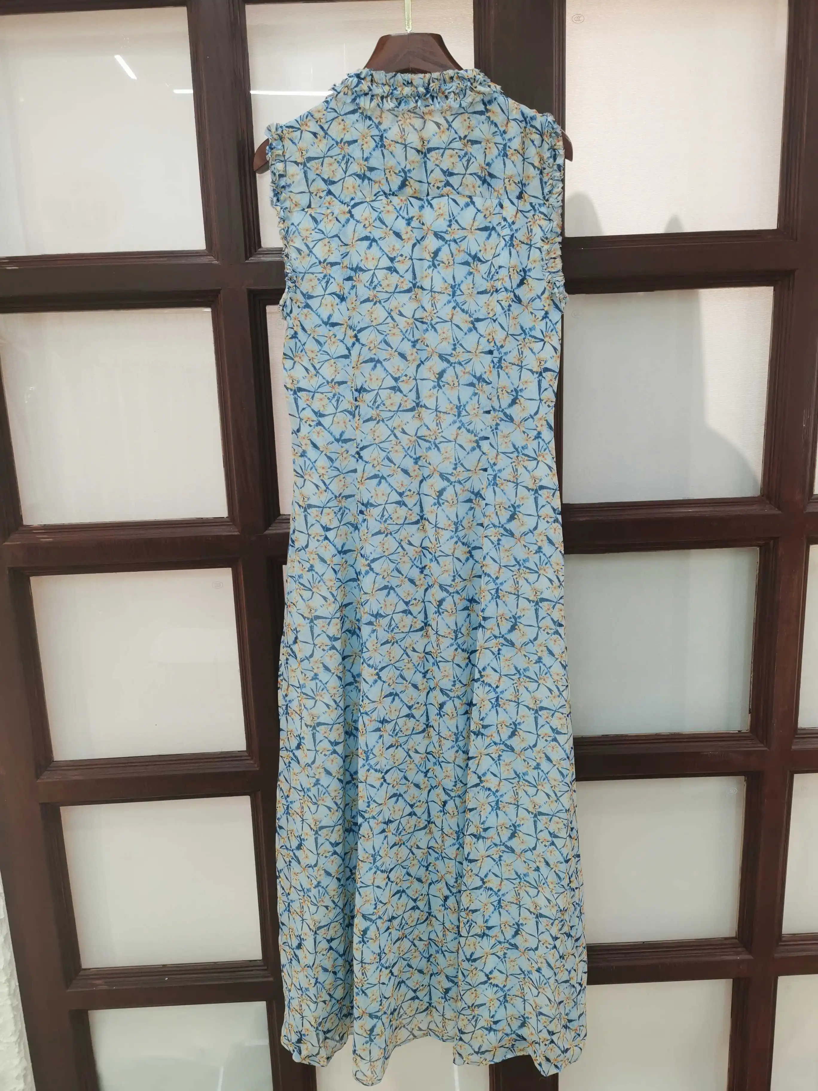 Summer 2026 Women's 100% Silk Long Dress Flower Printed Ruffled Collar Sleeveless Single Breasted Vintage Female Robe
