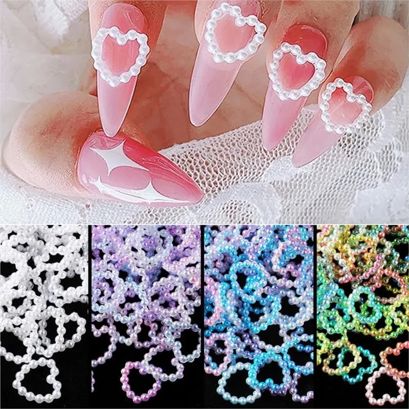 100Pcs Pearl Heart Nail Art Charms 11mm 3D Hollow Love Heart Nails Parts Luxury Jewelry for Manicure DIY Decorations Accessories