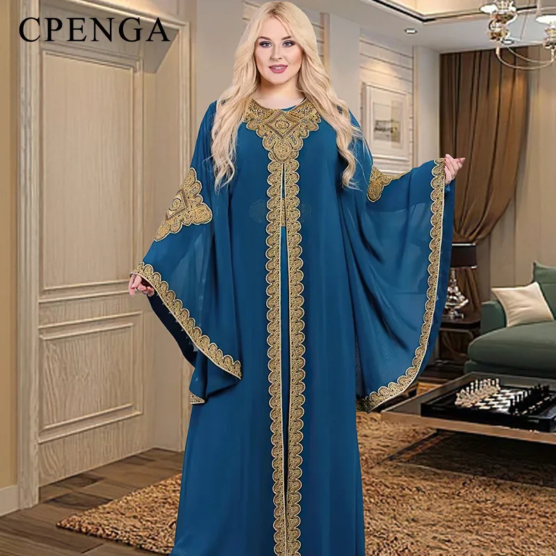 2023 New Jalabiya Muslim Women Embroidery Abaya Flare Sleeves Robe Gold Floral Dress Coat and Inner 2 Piece Sets Islam Clothing