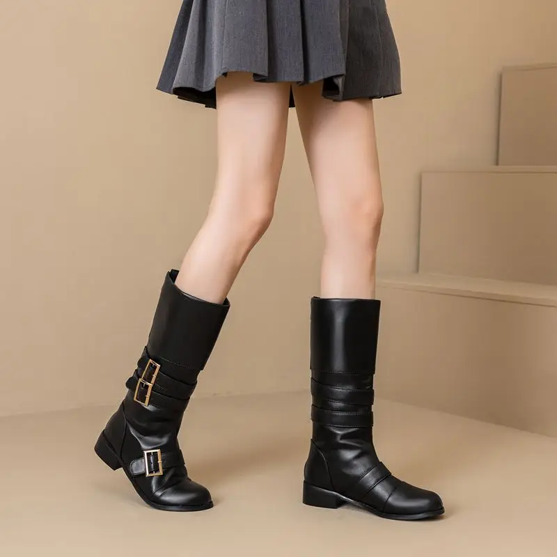 

ORCHA LISA Classic Women's Riding Mid Calf Boots Round Toe Thick Heel Zipper Belt Buckle Big Size 46 48 Casual Retro Daily Style