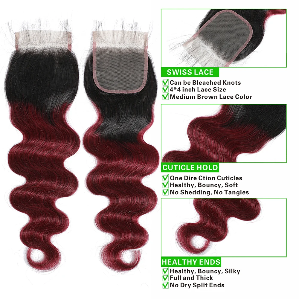 Body Wave 99J Burgundy Human Hair Bundles ปิด 4x4 โปร่งใสลูกไม้ปิดด้านหน้าบราซิลสีแดงไวน์ Hair Extensions