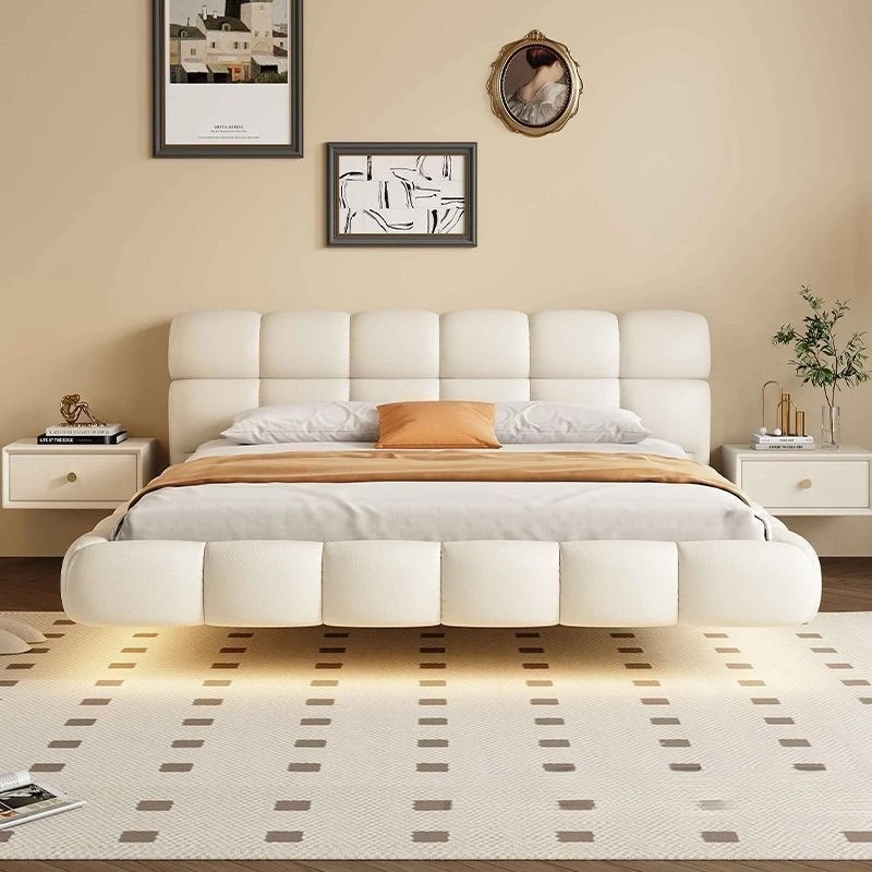 New cream wind suspension leather bed soft bag floor bed master bedroom large bed modern simple solid wood flush edge secondary